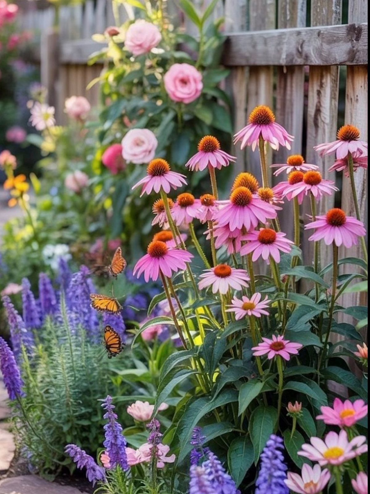 Pink Flower Garden: 23 Ideas for Soft to Bold Blooms 16 Pink coneflowers with orange centers and monarch butterflies in a lush garden by a wooden fence.