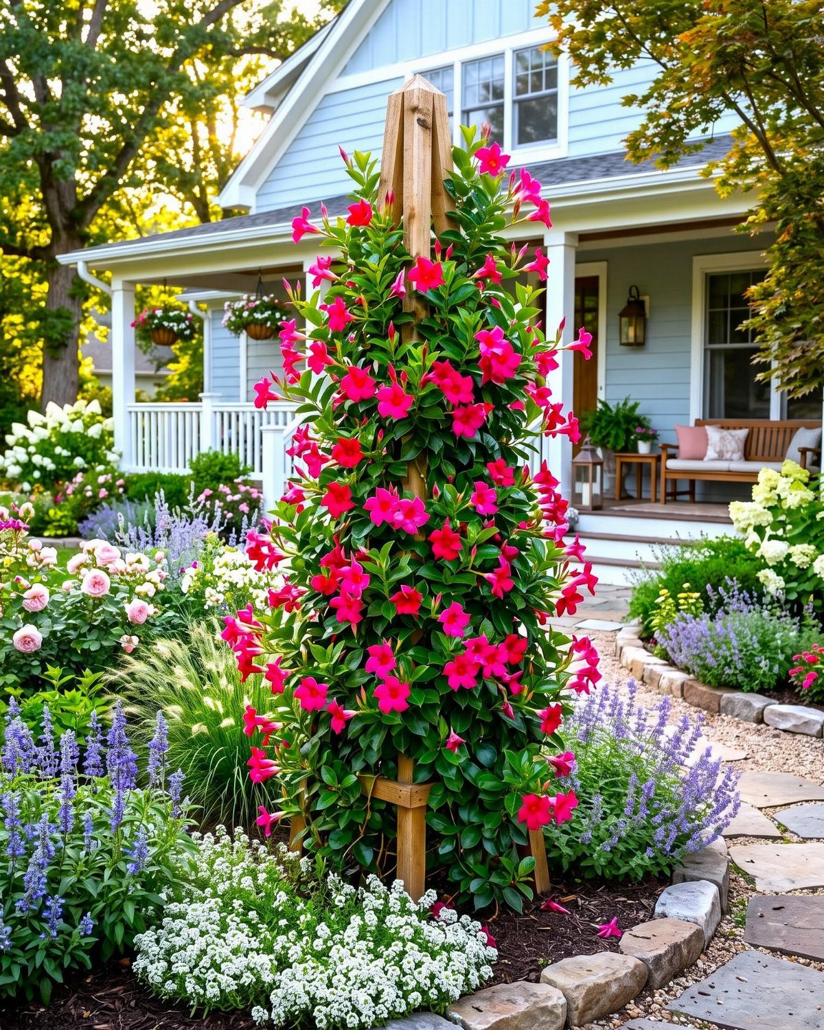 Pink Flower Garden: 23 Ideas for Soft to Bold Blooms 15 Pink Mandevilla flowers climbing a tall wooden obelisk in a lush, colorful garden setting.
