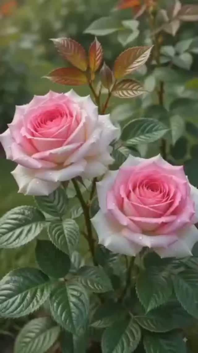 Pink Flower Garden: 23 Ideas for Soft to Bold Blooms 20 Two blooming pink roses with white edges growing among green leaves in a garden.