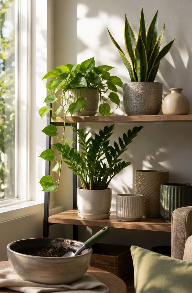 A snake plant and ZZ plant, ideal for beginner plant owners.
