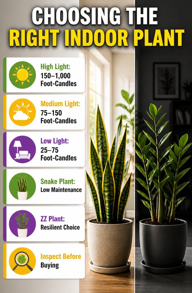 An information image titled 'Choosing the Right Indoor Plant'.
