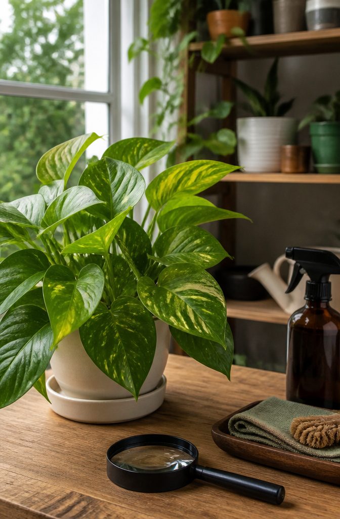 A healthy plant being inspected for pests with a magnifying glass.