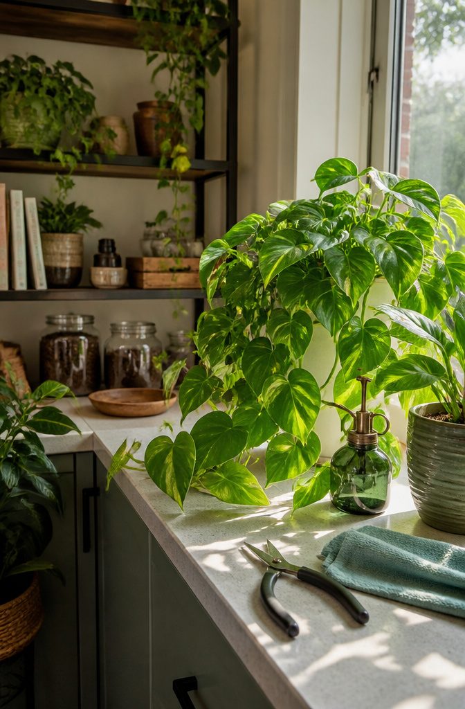 A pothos plant with pruning shears and a cloth nearby.