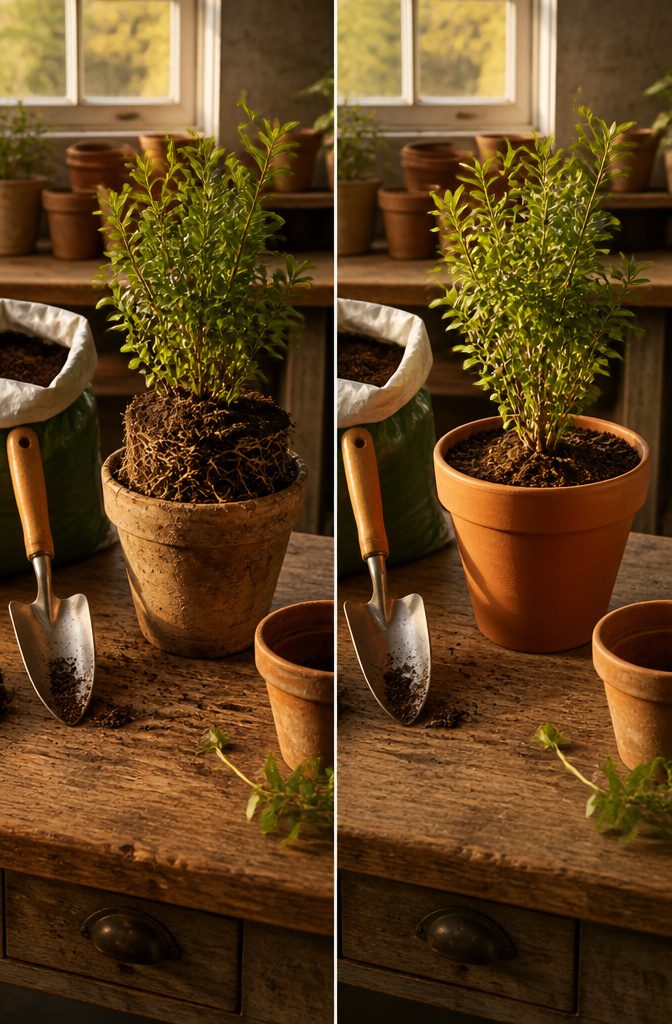 A close-up of roots inside a pot, indicating repotting signs.