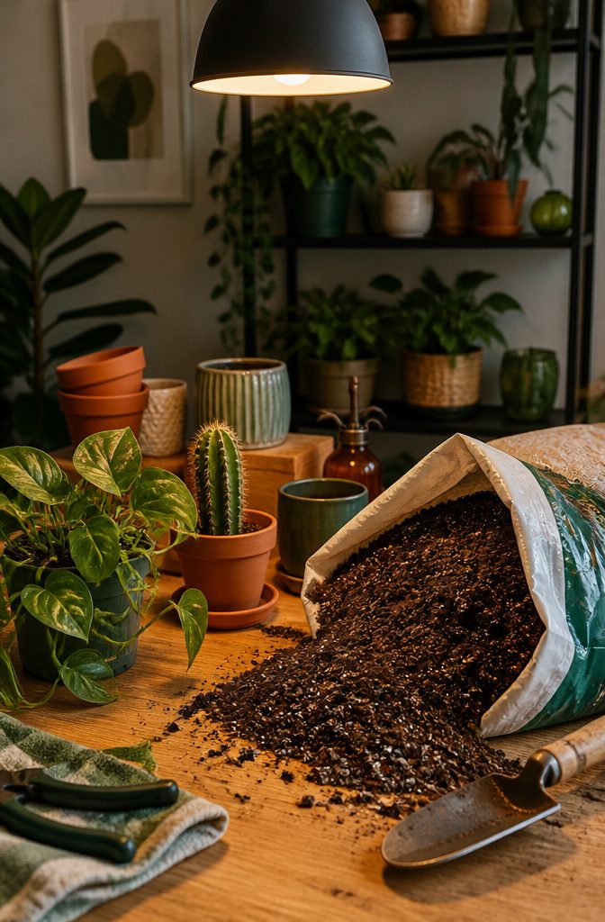 A bag of potting mix on a potting bench with gardening tools.