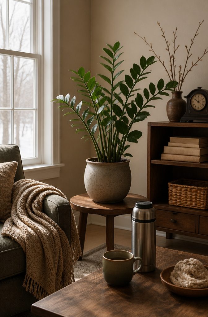 A ZZ plant placed beside a window in a living room.
