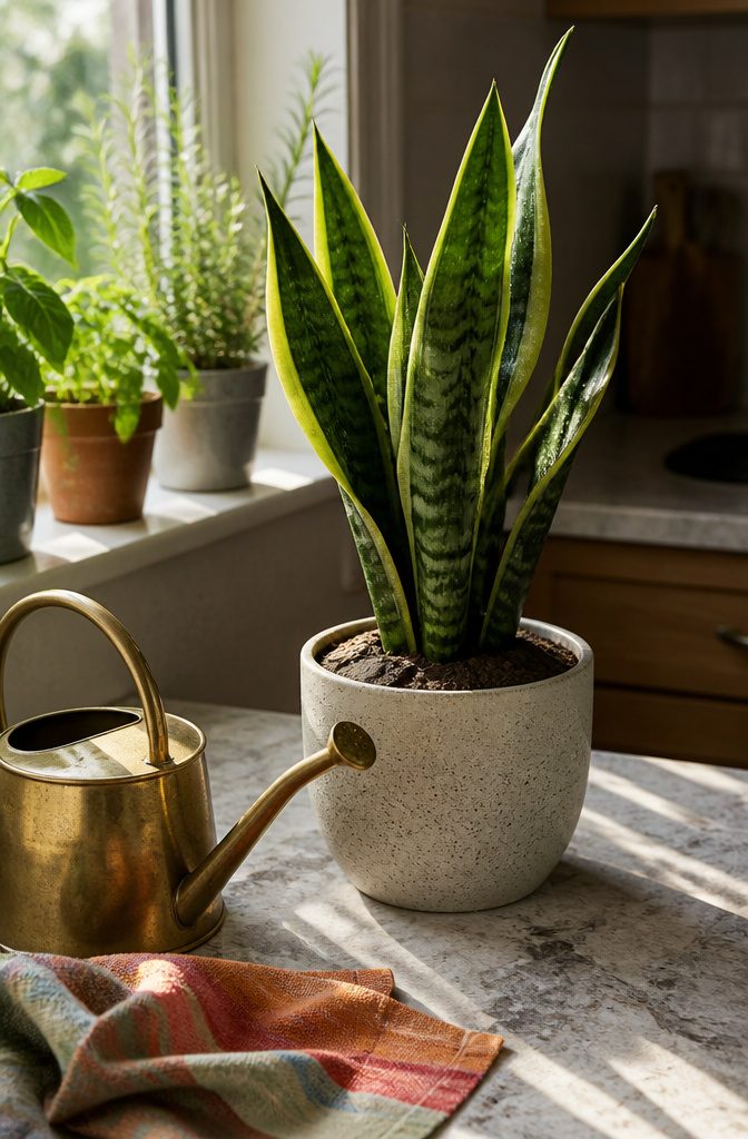 A snake plant on a countertop with a watering can beside it.