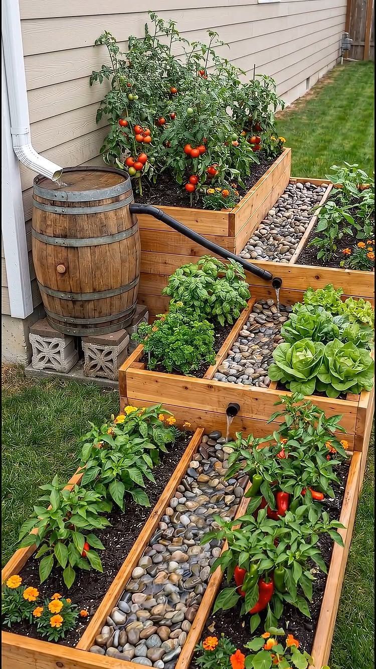14 Raised Garden Bed Ideas for Every Yard and Budget 11 Tiered wooden garden beds filled with various vegetables and green plants next to a water barrel.