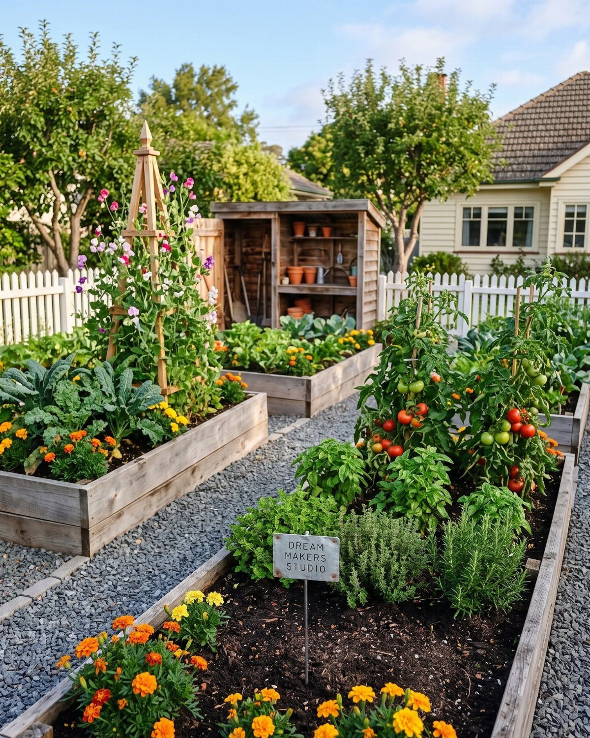 14 Raised Garden Bed Ideas for Every Yard and Budget 6 Wooden raised garden beds filled with green vegetables and bright orange marigolds in a gravel garden.