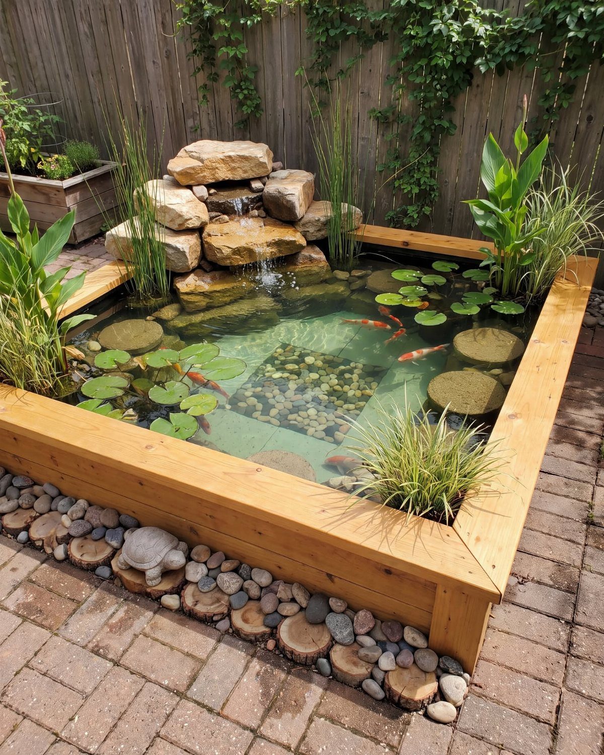 14 Raised Garden Bed Ideas for Every Yard and Budget 9 A wooden raised garden bed featuring a small pond with koi fish and a stone waterfall.