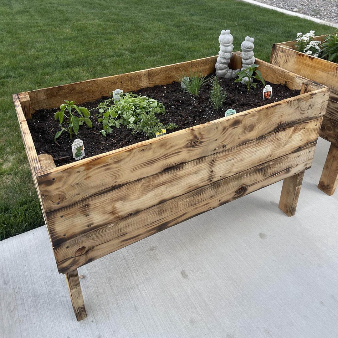 14 Raised Garden Bed Ideas for Every Yard and Budget 8 A rustic wooden raised garden bed filled with soil and small green plants on a concrete patio.