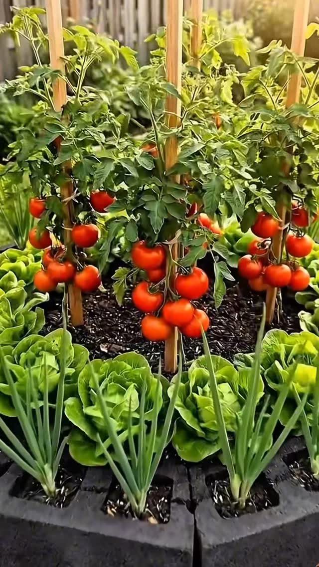14 Raised Garden Bed Ideas for Every Yard and Budget 10 Red tomatoes, green lettuce, and onions growing in a raised bed made of concrete blocks.