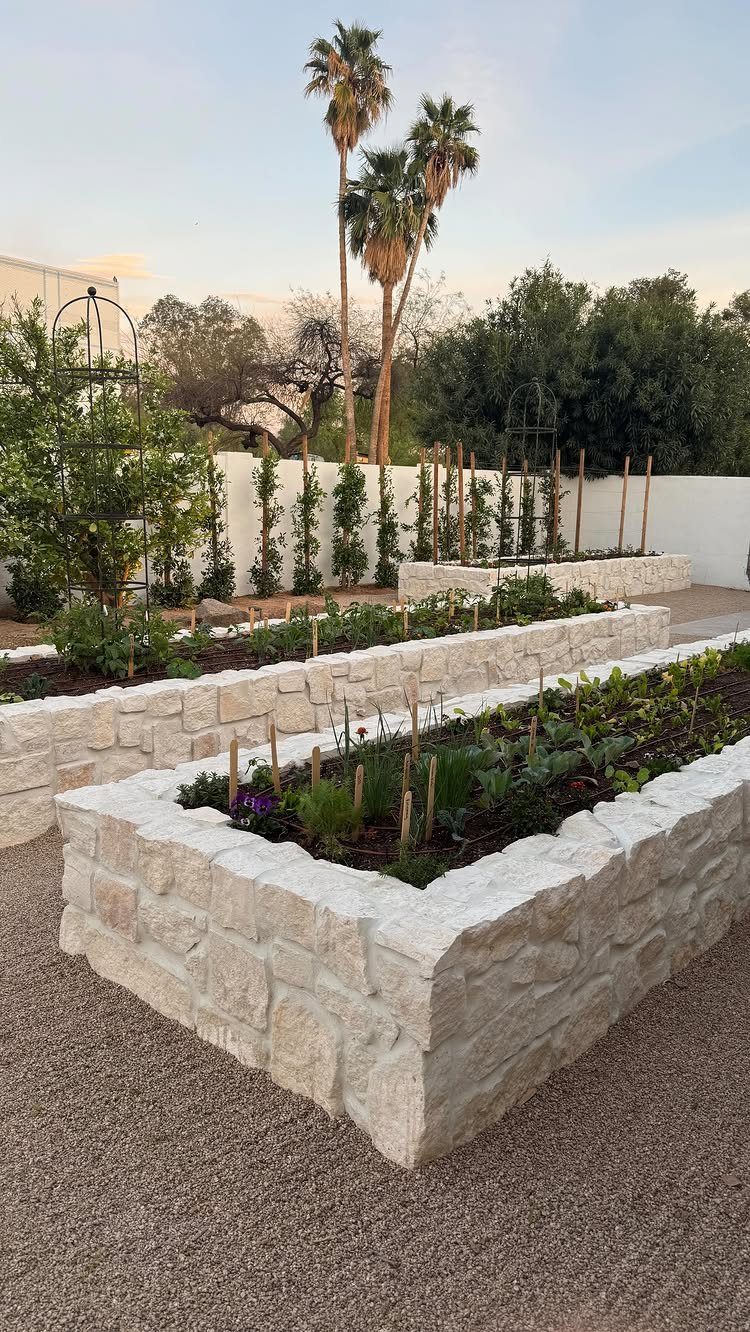 14 Raised Garden Bed Ideas for Every Yard and Budget 12 Three rectangular stone raised garden beds filled with green plants on a gravel surface.