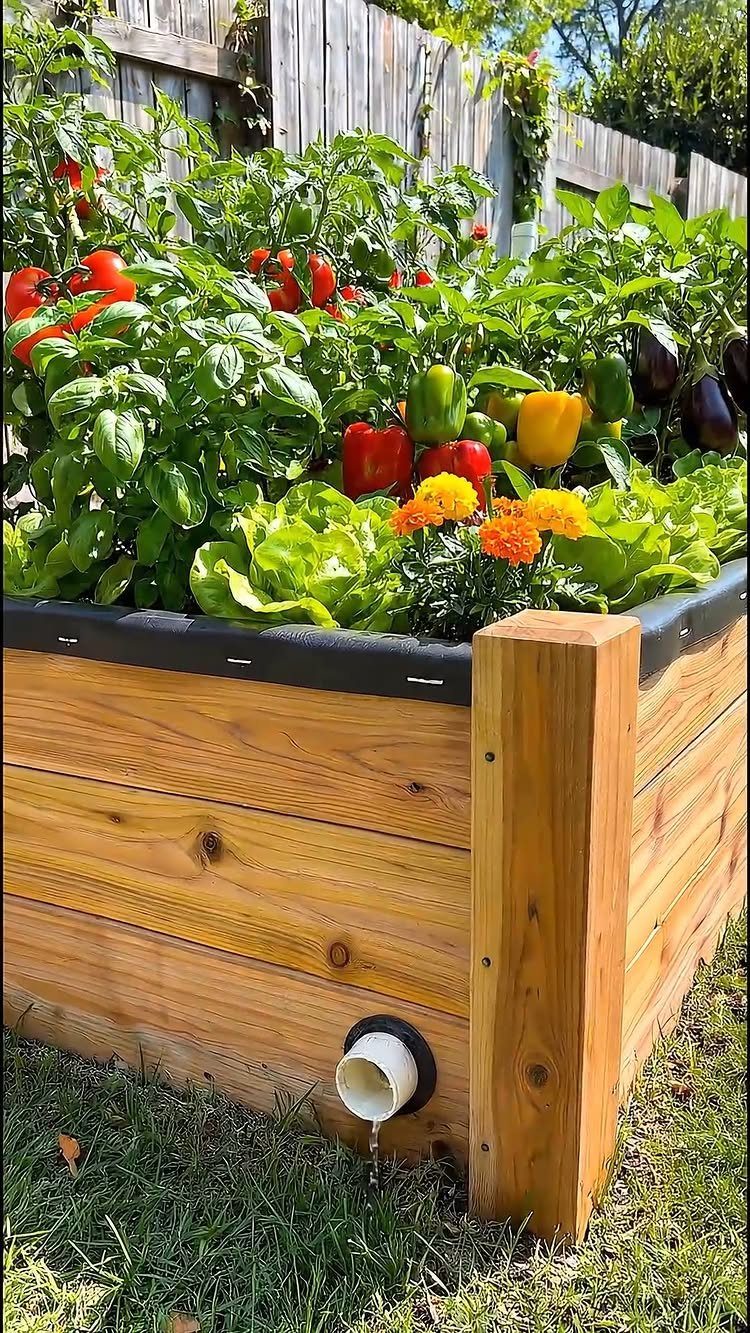14 Raised Garden Bed Ideas for Every Yard and Budget 3 Wooden raised garden bed overflowing with colorful peppers, tomatoes, and leafy green vegetables.