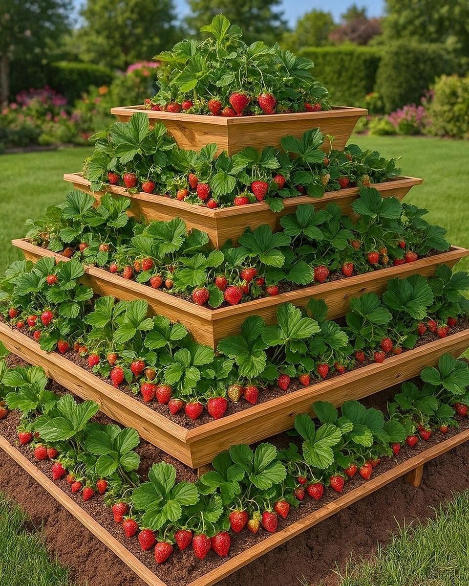 14 Raised Garden Bed Ideas for Every Yard and Budget 13 A tiered wooden pyramid planter overflowing with green strawberry plants and ripe red strawberries in a garden.