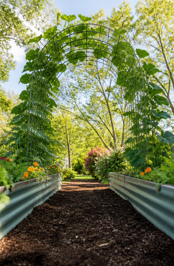 6 Raised Garden Bed Trellis Ideas: Build a Simple Vertical Frame 8 An arch trellis made from a bent cattle panel over raised beds.