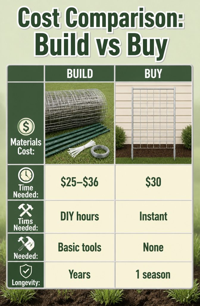 6 Raised Garden Bed Trellis Ideas: Build a Simple Vertical Frame 14 An infographic comparing the costs of building versus buying trellises.
