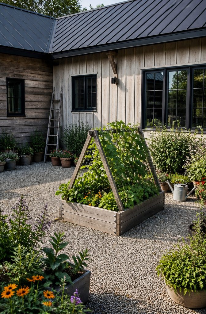 6 Raised Garden Bed Trellis Ideas: Build a Simple Vertical Frame 9 A-frame trellis made of two panels over a raised garden bed.
