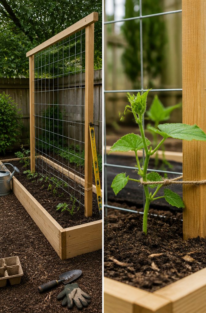 6 Raised Garden Bed Trellis Ideas: Build a Simple Vertical Frame 5 A person checking the stability of a trellis frame in a garden.