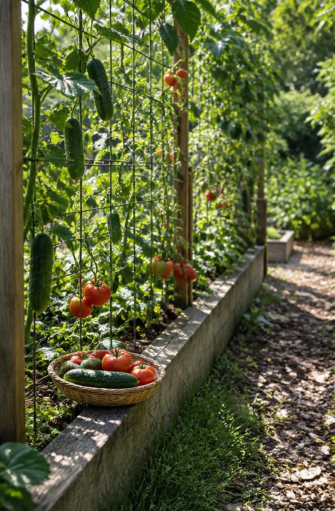 6 Raised Garden Bed Trellis Ideas: Build a Simple Vertical Frame 6 Freshly picked tomatoes and cucumbers resting in a basket near a trellis.