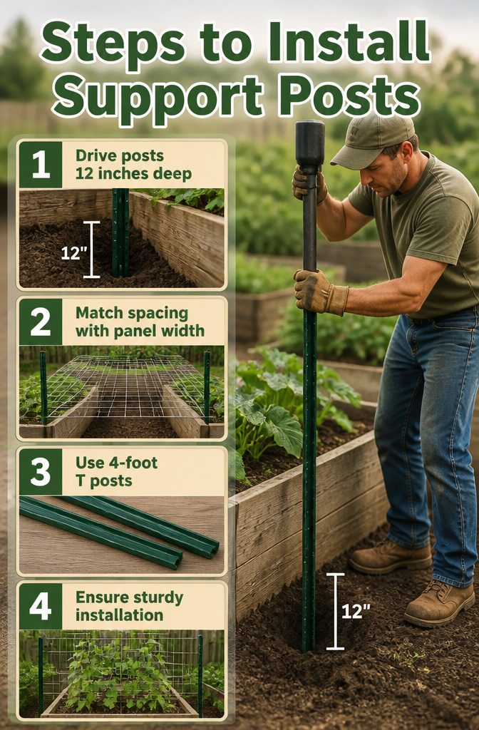 6 Raised Garden Bed Trellis Ideas: Build a Simple Vertical Frame 1 An instructional image showing support posts being installed in the ground.