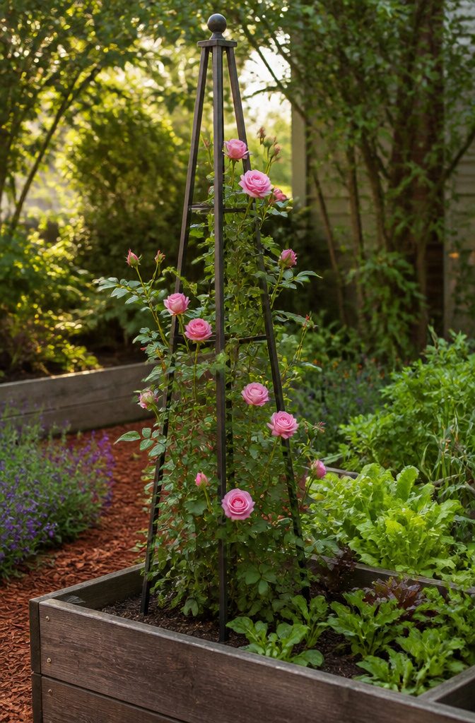 6 Raised Garden Bed Trellis Ideas: Build a Simple Vertical Frame 11 A four-sided obelisk trellis standing in a raised garden bed.