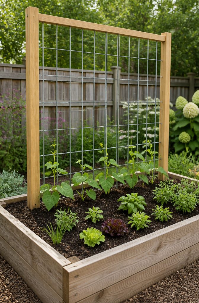 6 Raised Garden Bed Trellis Ideas: Build a Simple Vertical Frame 4 Seedlings planted at the base of a trellis in a raised garden bed.