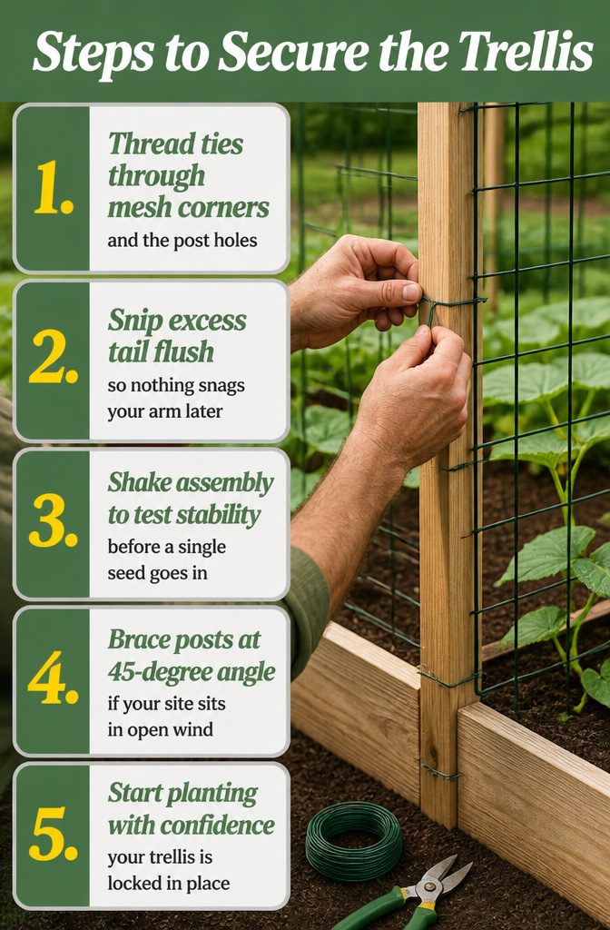 6 Raised Garden Bed Trellis Ideas: Build a Simple Vertical Frame 3 An instructional image showing how to secure a trellis using wire ties.