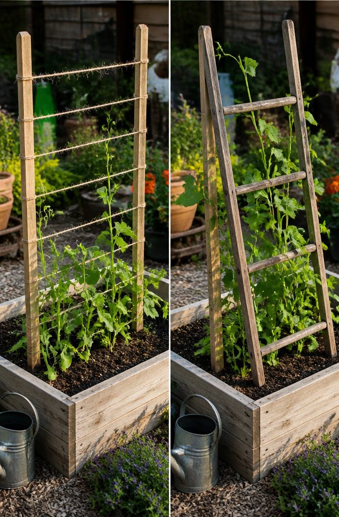 6 Raised Garden Bed Trellis Ideas: Build a Simple Vertical Frame 10 A string trellis set up for peas and pole beans in a garden.