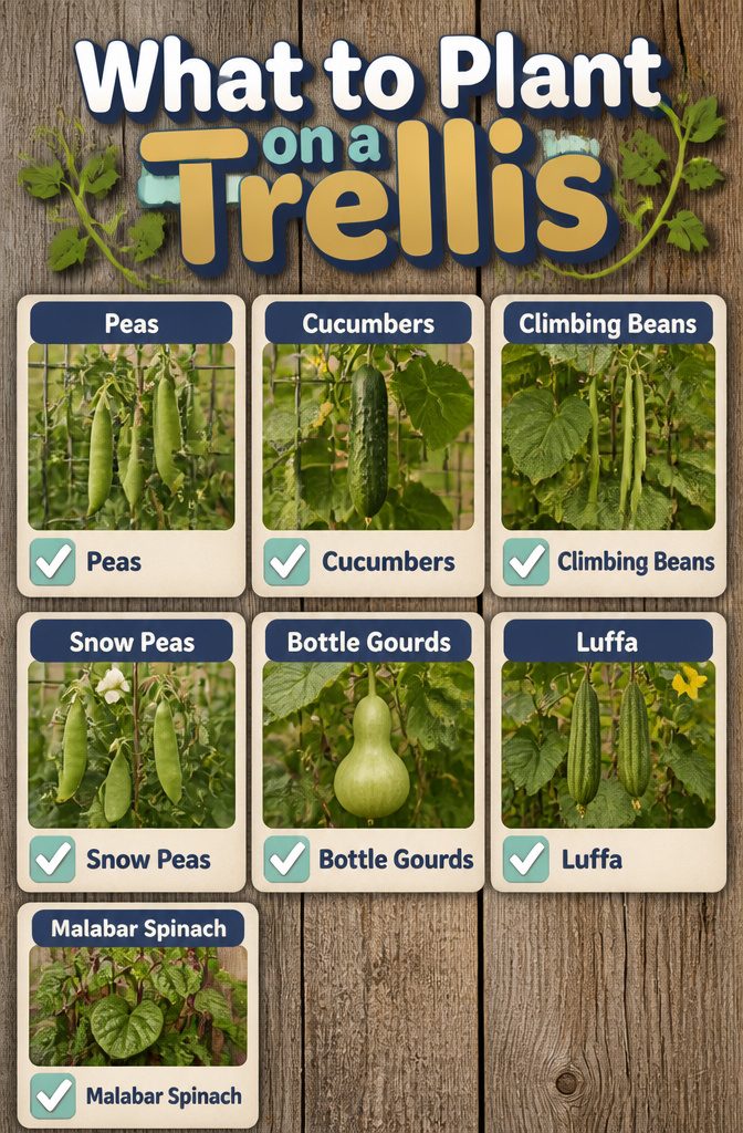 6 Raised Garden Bed Trellis Ideas: Build a Simple Vertical Frame 13 An infographic listing plants suitable for trellising.