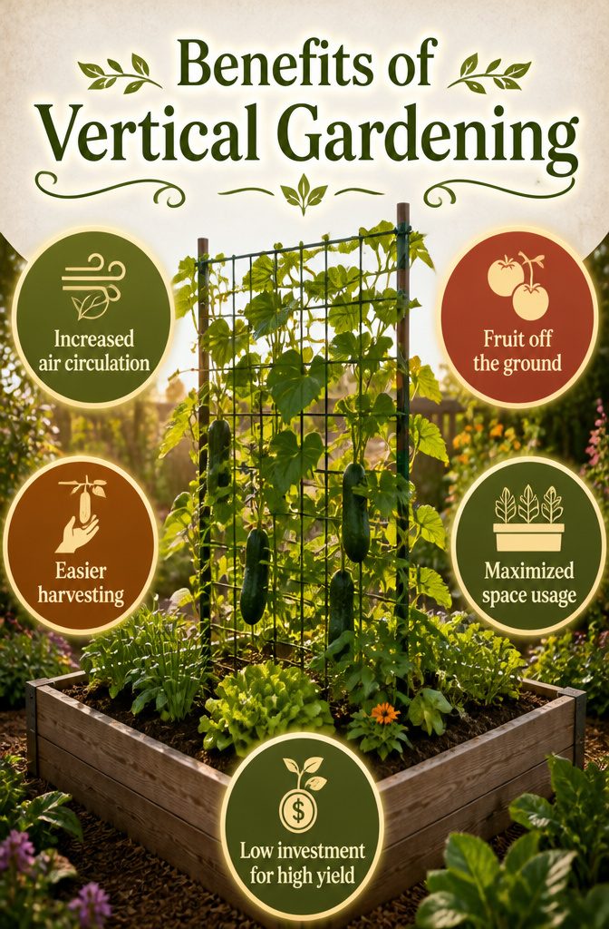 6 Raised Garden Bed Trellis Ideas: Build a Simple Vertical Frame 12 An infographic showing the benefits of vertical gardening in raised beds.