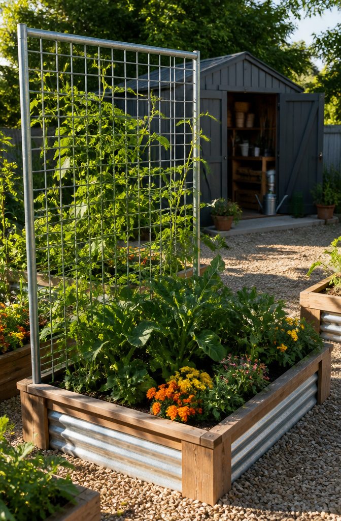 6 Raised Garden Bed Trellis Ideas: Build a Simple Vertical Frame 7 A galvanized wire panel trellis in a raised garden bed with plants.