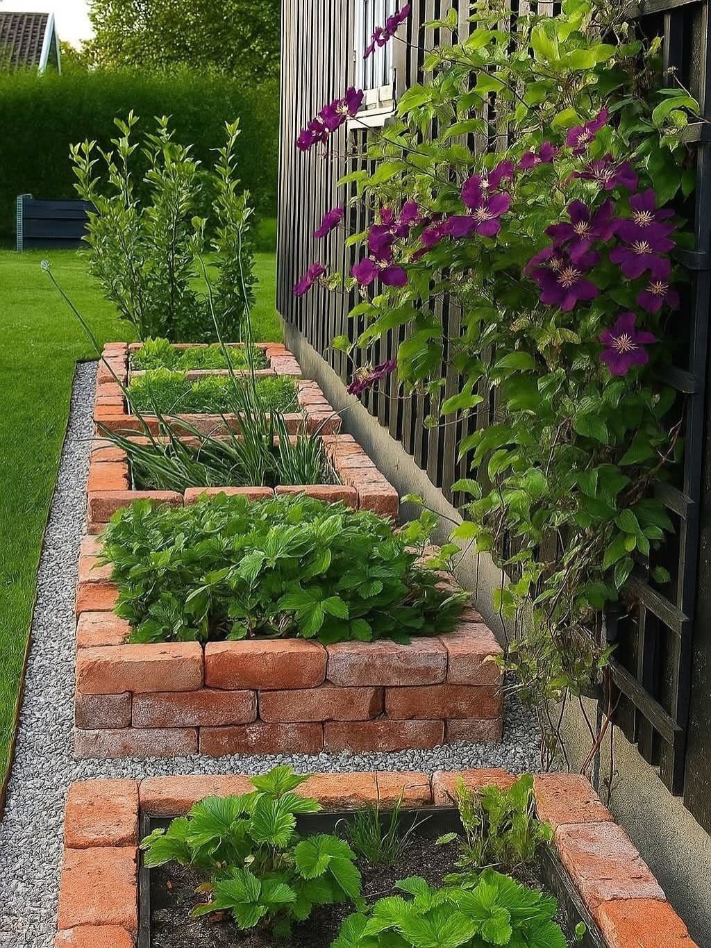 Red brick raised garden beds filled with green plants along a wooden fence.