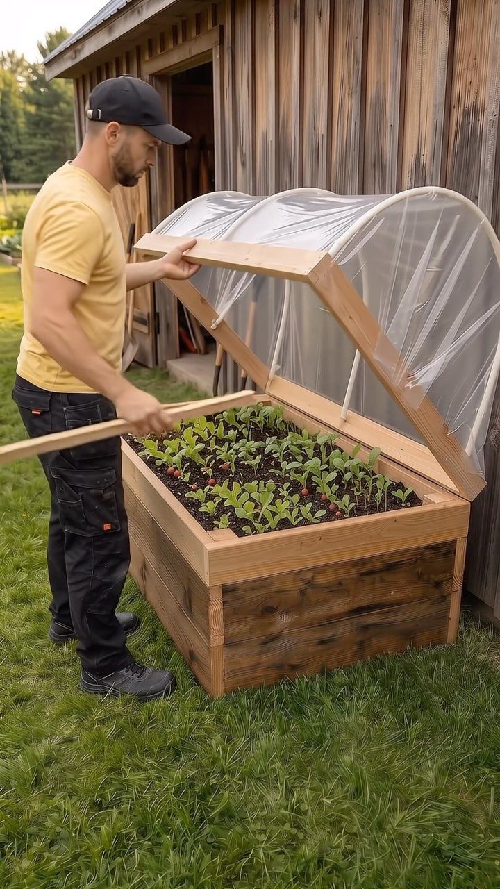 A man tending to small green seedlings inside a wooden raised garden bed with a clear plastic cover.