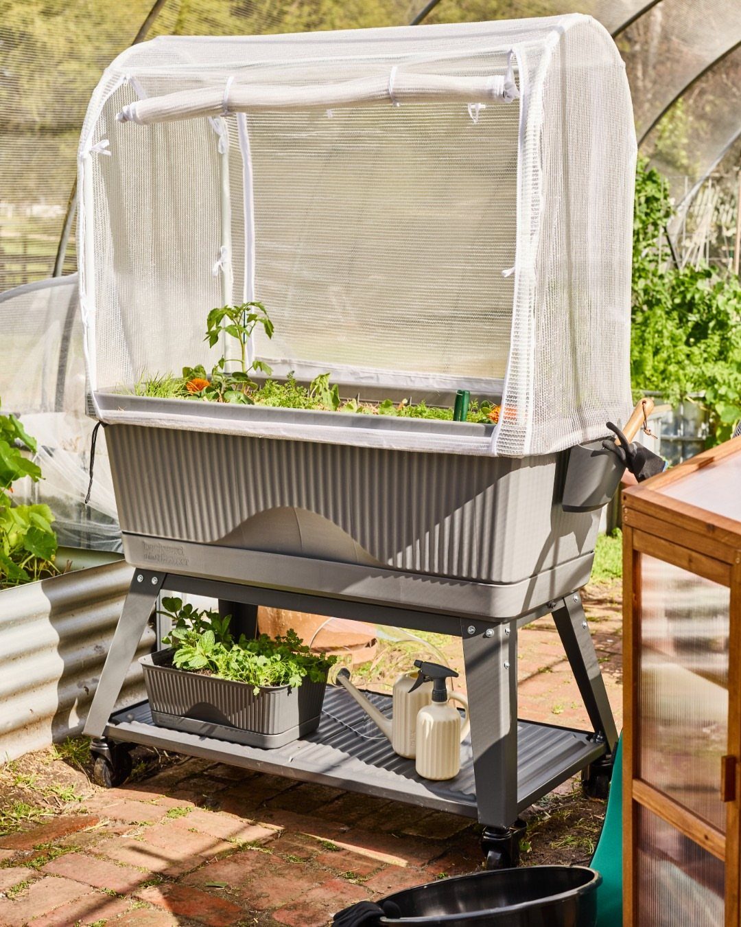 A grey portable raised planter box with a mesh cover on wheels in a garden.