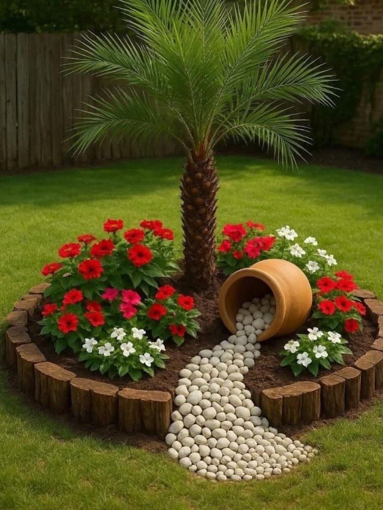 A circular wooden raised garden bed featuring a palm tree, colorful flowers, and a spilled terracotta pot of pebbles.