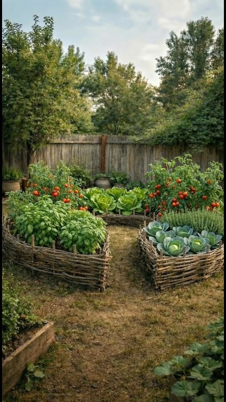 Woven branch garden beds filled with lush green vegetables and ripe red tomatoes in a backyard garden.
