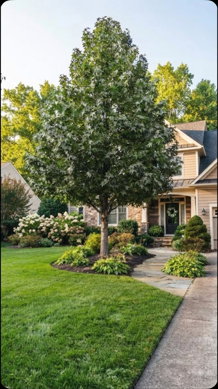 9 Shade Trees for Front Yards That Cool Fast 9 A large green shade tree stands in a manicured front yard next to a suburban house.