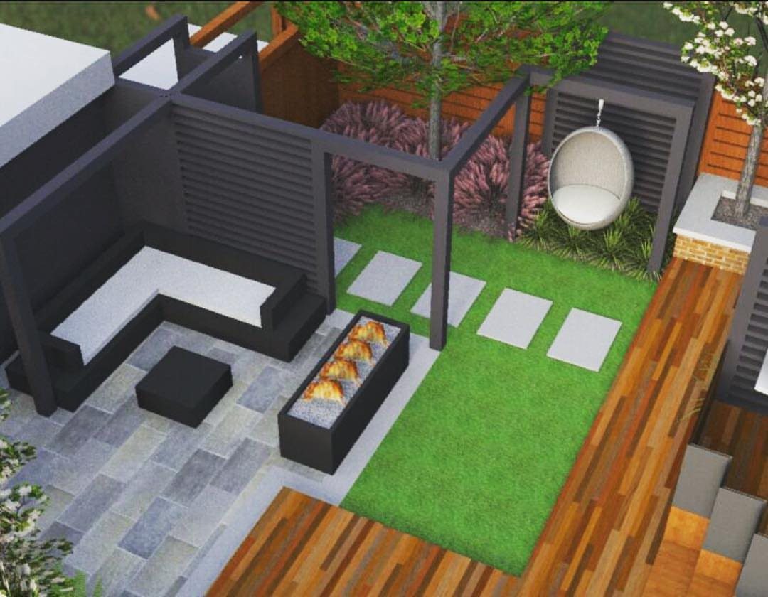 19 Small Backyard Wooden Deck Ideas 1 Modern backyard design featuring a wooden deck, stone patio, lounge seating, and a fire pit.