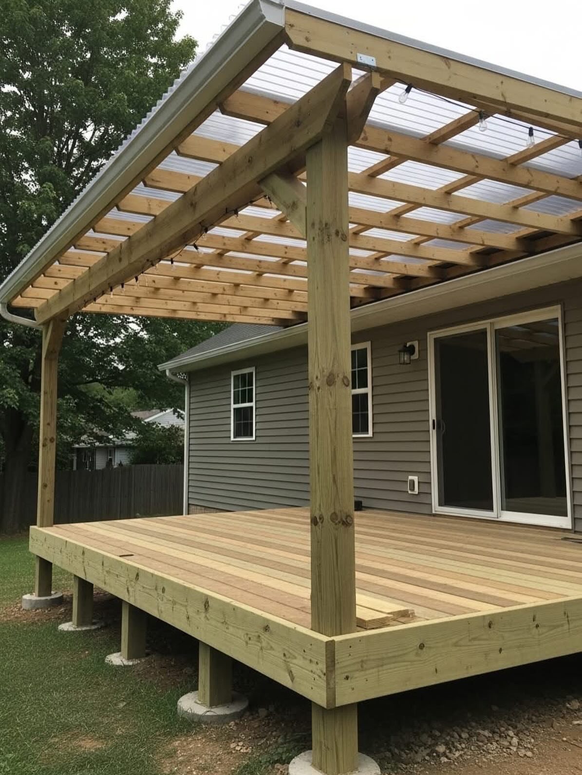 19 Small Backyard Wooden Deck Ideas 15 A wooden deck with a large timber frame and translucent roof attached to a house.