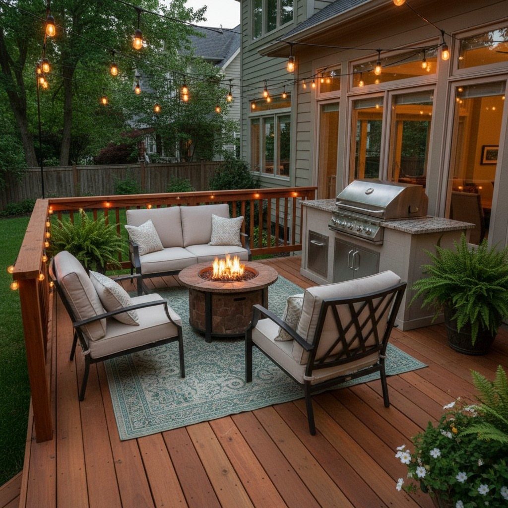 19 Small Backyard Wooden Deck Ideas 3 Outdoor seating area on a wooden deck with a fire pit and string lights.