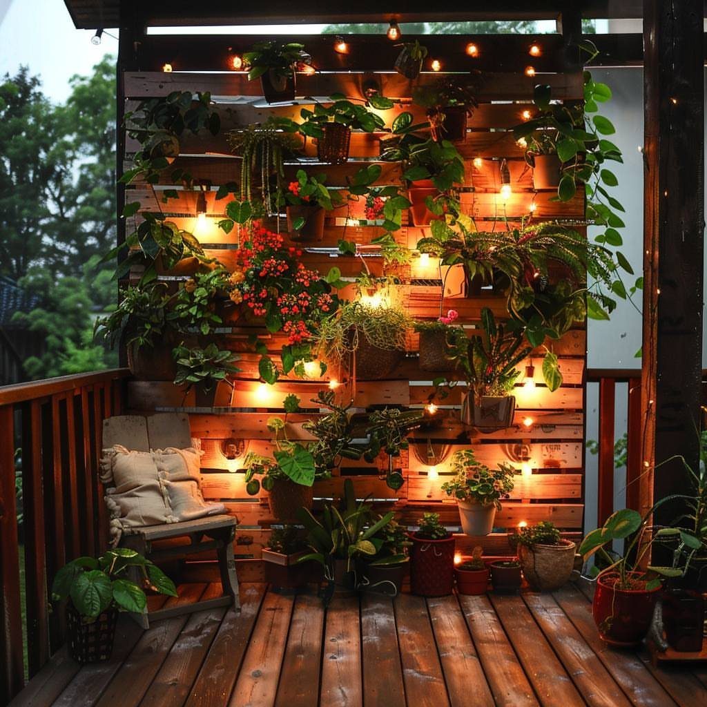 19 Small Backyard Wooden Deck Ideas 8 Green plants hanging on a wooden slat wall illuminated by warm string lights on a deck.