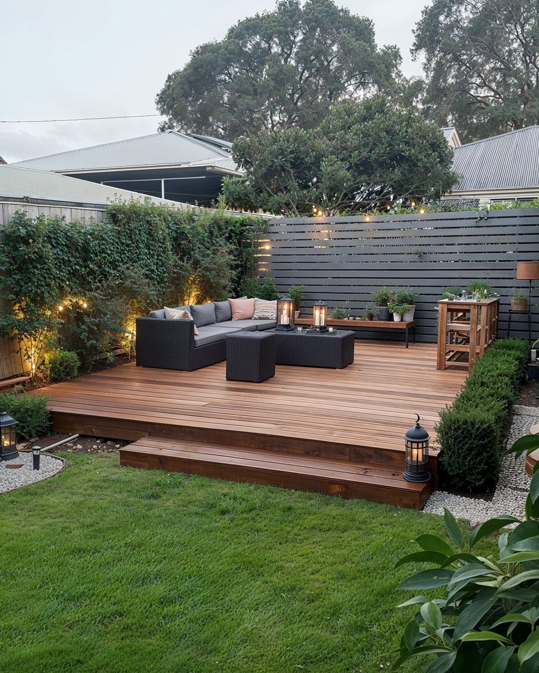 19 Small Backyard Wooden Deck Ideas 9 Wooden multi-level backyard deck with a lounge seating area and a dining setup.