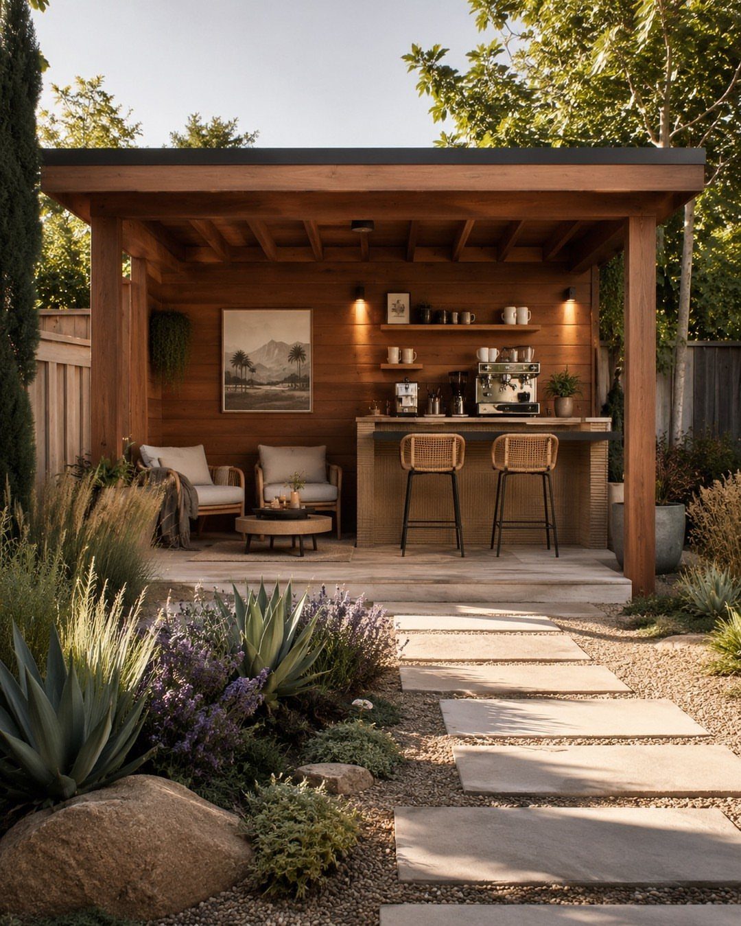 19 Small Backyard Wooden Deck Ideas 19 A modern wooden outdoor pavilion with a bar, lounge seating, and stone tile flooring in a garden.