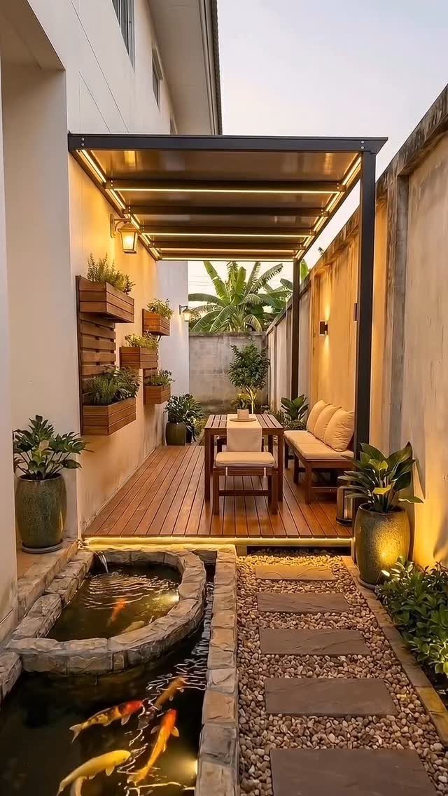 19 Small Backyard Wooden Deck Ideas 18 Wooden deck with outdoor furniture, a pergola, and a koi pond in a narrow backyard space.