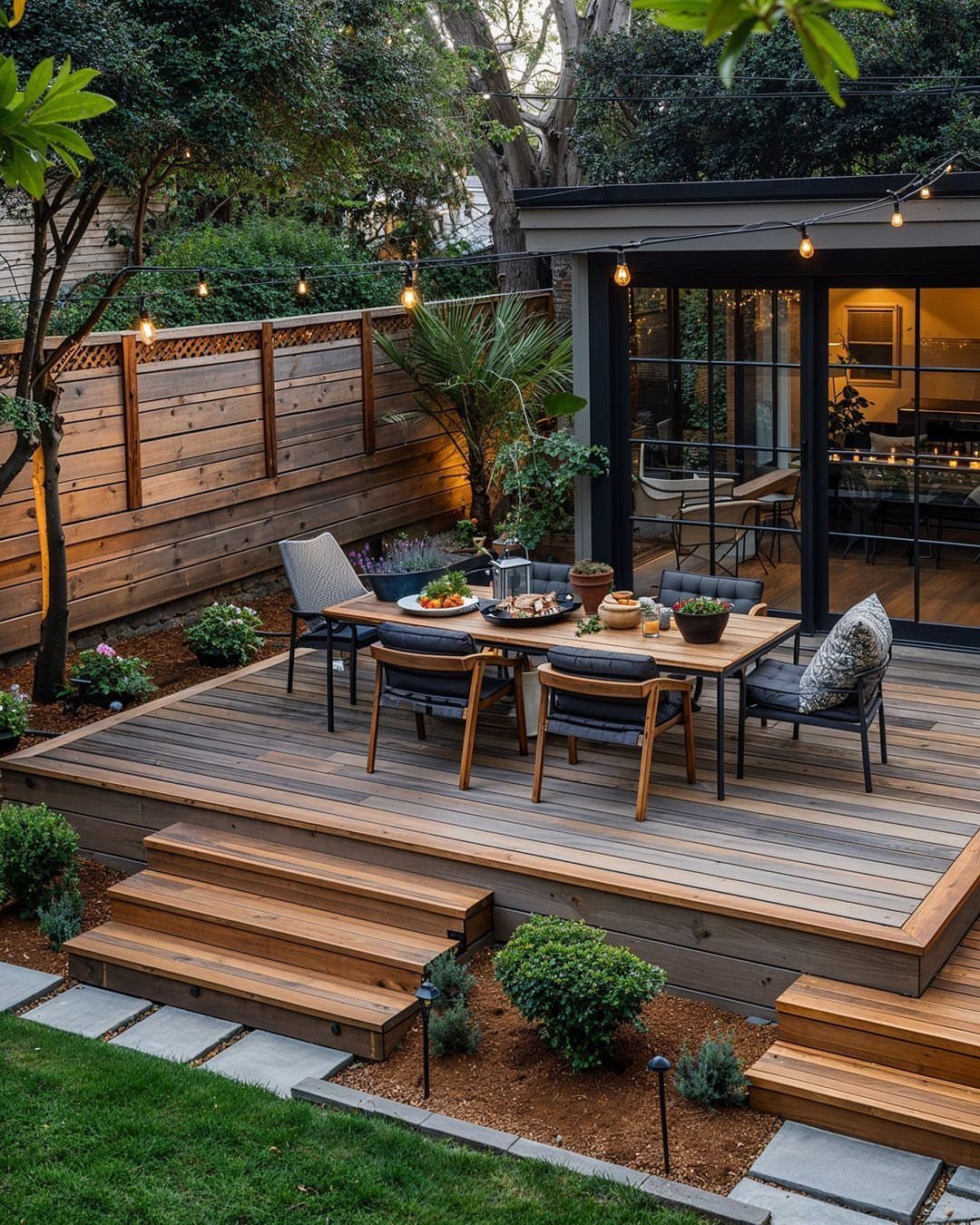 19 Small Backyard Wooden Deck Ideas 13 A wooden backyard deck featuring a dining table set with food and surrounding chairs under string lights.