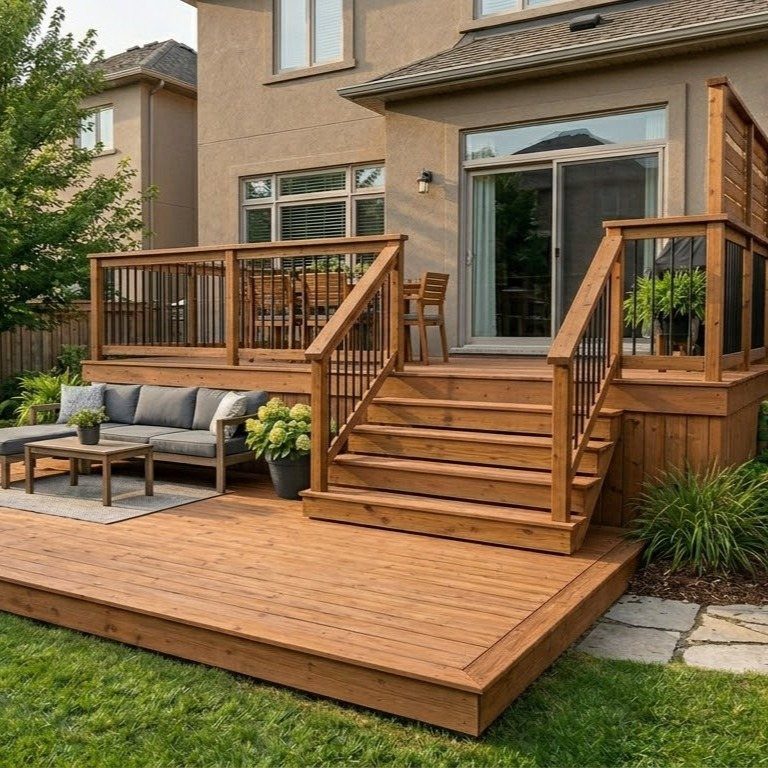 19 Small Backyard Wooden Deck Ideas 2 A multi-level wooden backyard deck with a lounge area and dining space next to a house.