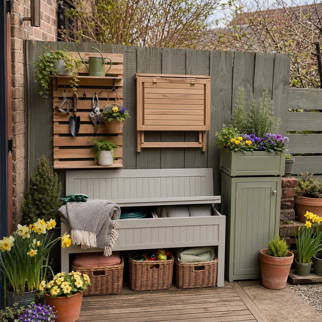 19 Small Garden Design Ideas with Built-In Planning Tips 7 A light grey wooden storage bench with wicker baskets underneath, surrounded by various potted plants in a small garden.
