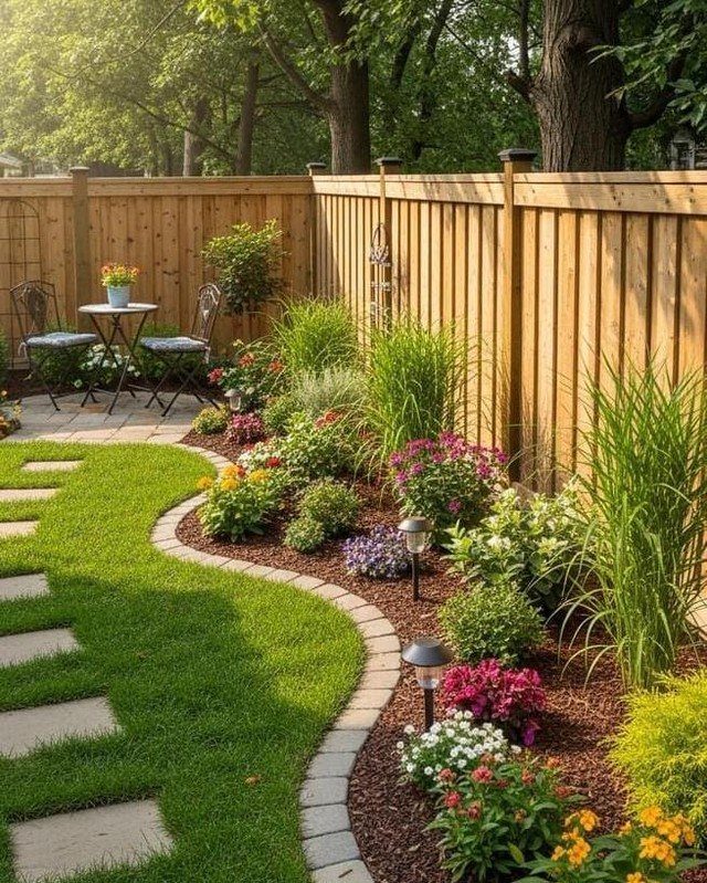 19 Small Garden Design Ideas with Built-In Planning Tips 11 A winding stone path through a lush green lawn and colorful flower beds in a backyard.