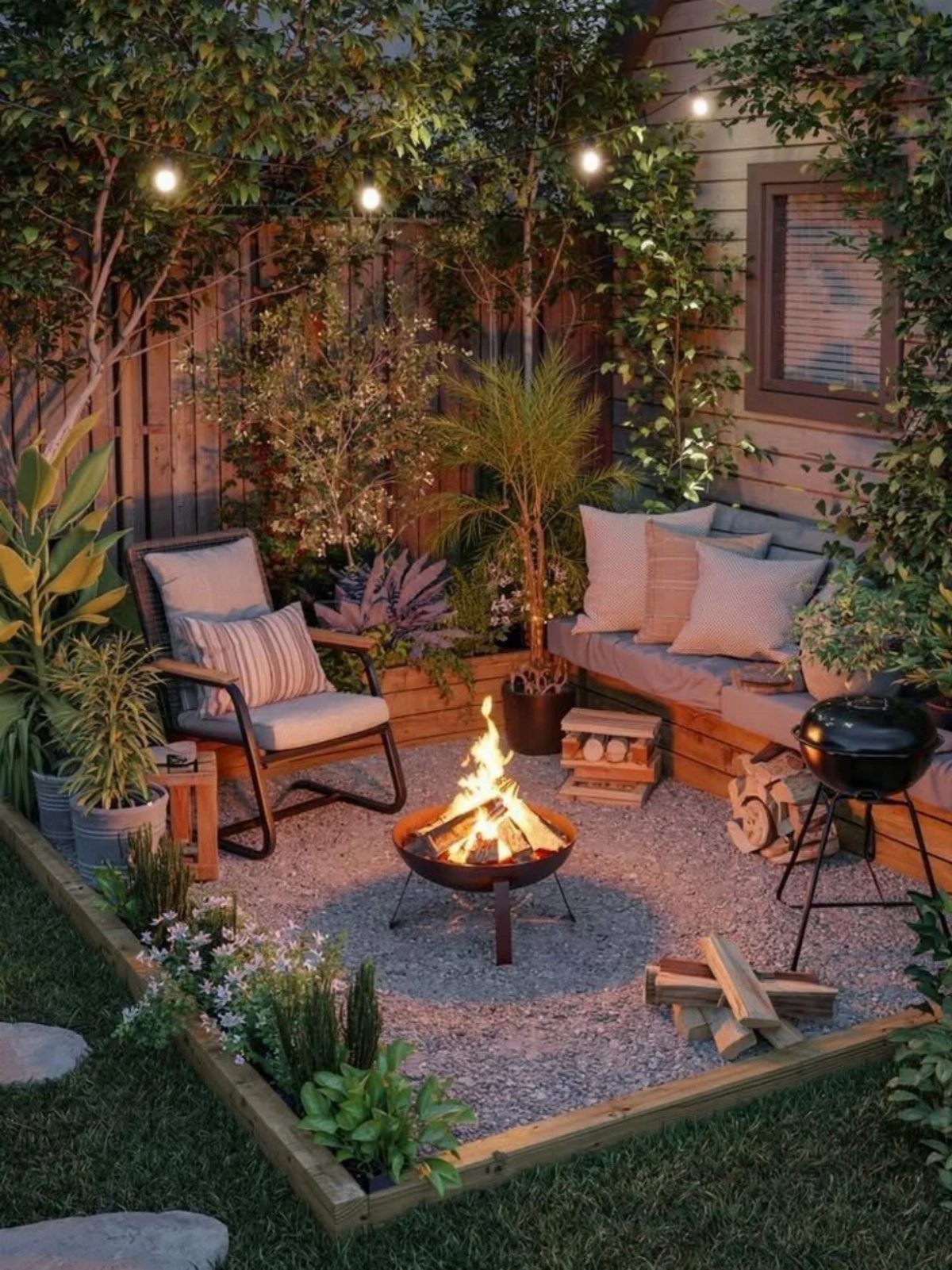 19 Small Garden Design Ideas with Built-In Planning Tips 16 A glowing fire pit sits in a small, cozy garden patio surrounded by plants and seating.